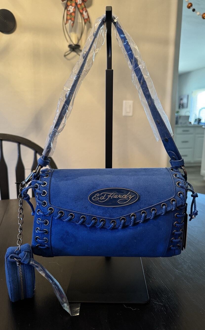 NWT Ed Hardy Royal Blue Suede Shoulder Bag With Grommets And Lace Up Trim